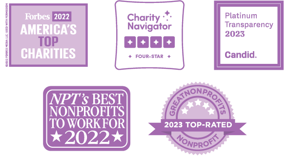 Guidestar, Impact Rated, Great Nonprofits and Forbes Top 100 Charities Logos
